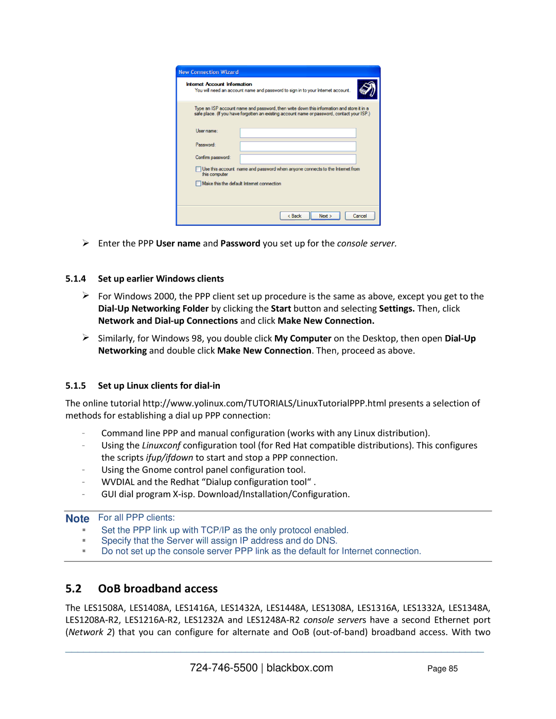 Black Box LES1332A, LES1408A OoB broadband access, Set up earlier Windows clients, Set up Linux clients for dial-in 