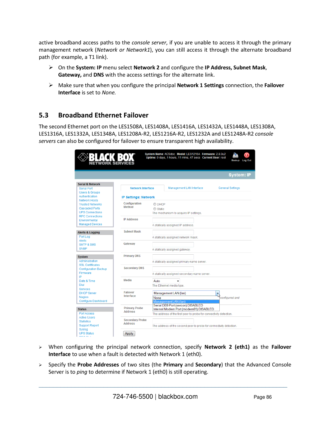 Black Box LES1408A, LES1332A, LES144BA, LES1416A, LES1348A, LES1432A, LES1316A, LES1308A, LES1232A Broadband Ethernet Failover 