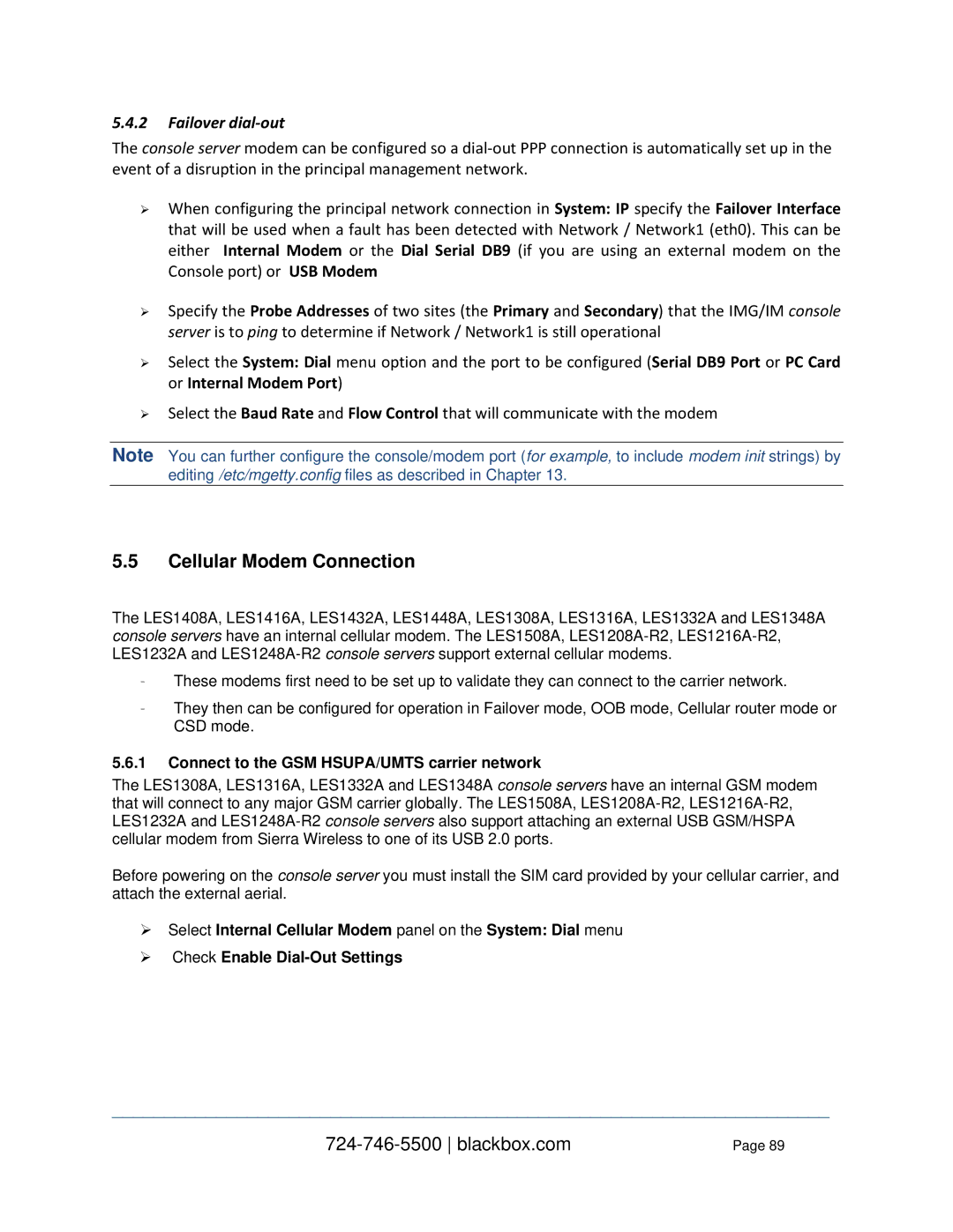 Black Box LES1348A, LES1332A, LES1408A, LES144BA, LES1416A Failover dial-out, Connect to the GSM HSUPA/UMTS carrier network 