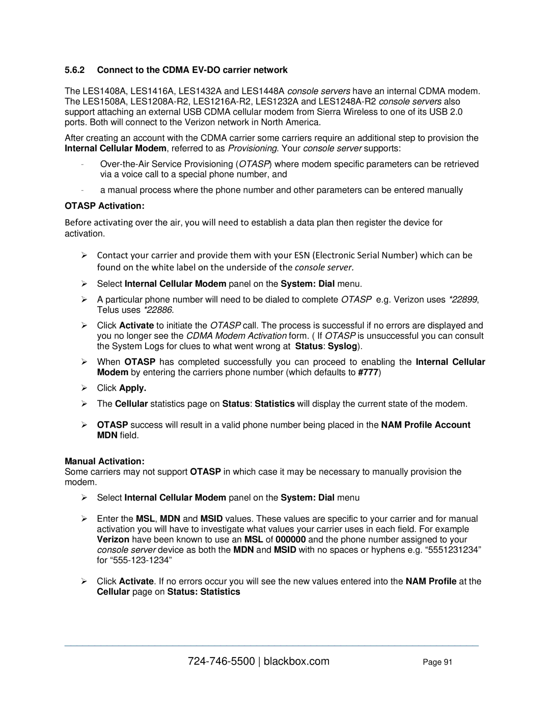 Black Box LES1316A, LES1332A, LES1408A Connect to the Cdma EV-DO carrier network, Otasp Activation, Manual Activation 