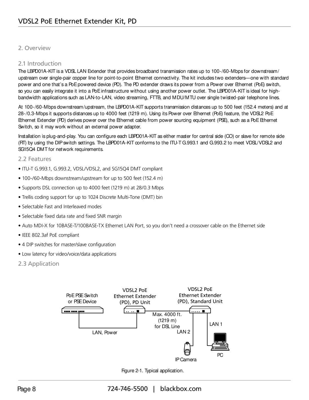 Black Box LBPD01A-KIT, VDSL2 PoE Ethernet Extener Kid, PD manual Overview Introduction, Features, Application, Lan 