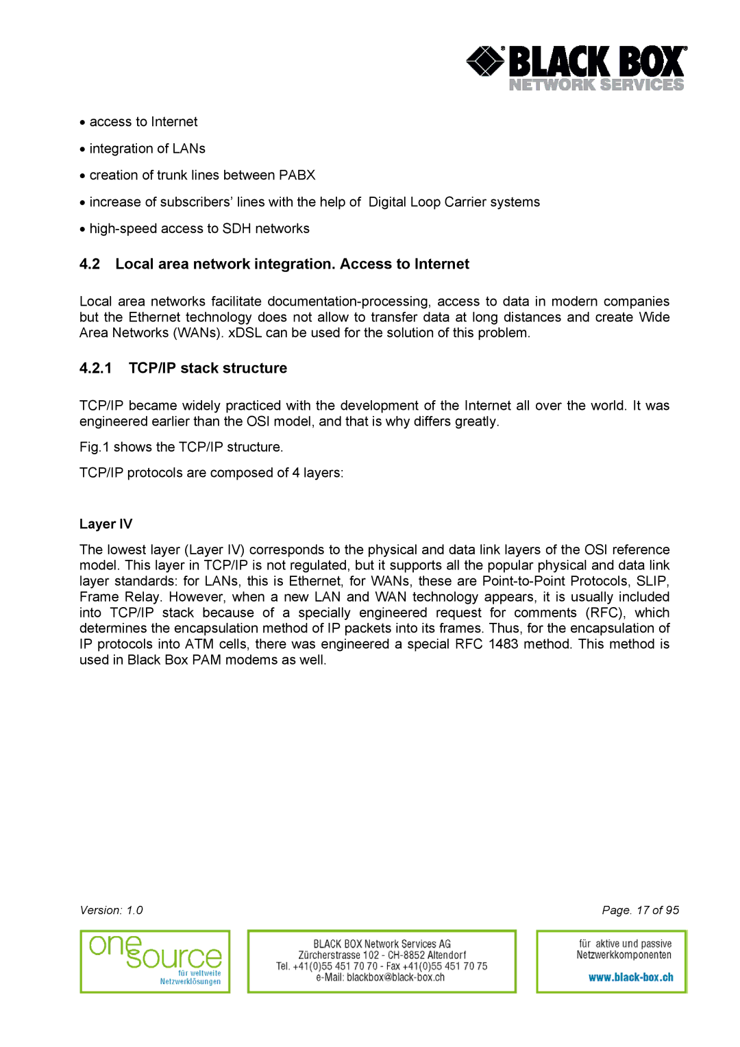 Black Box Version 1.0 user manual Local area network integration. Access to Internet, 1 TCP/IP stack structure, Layer 