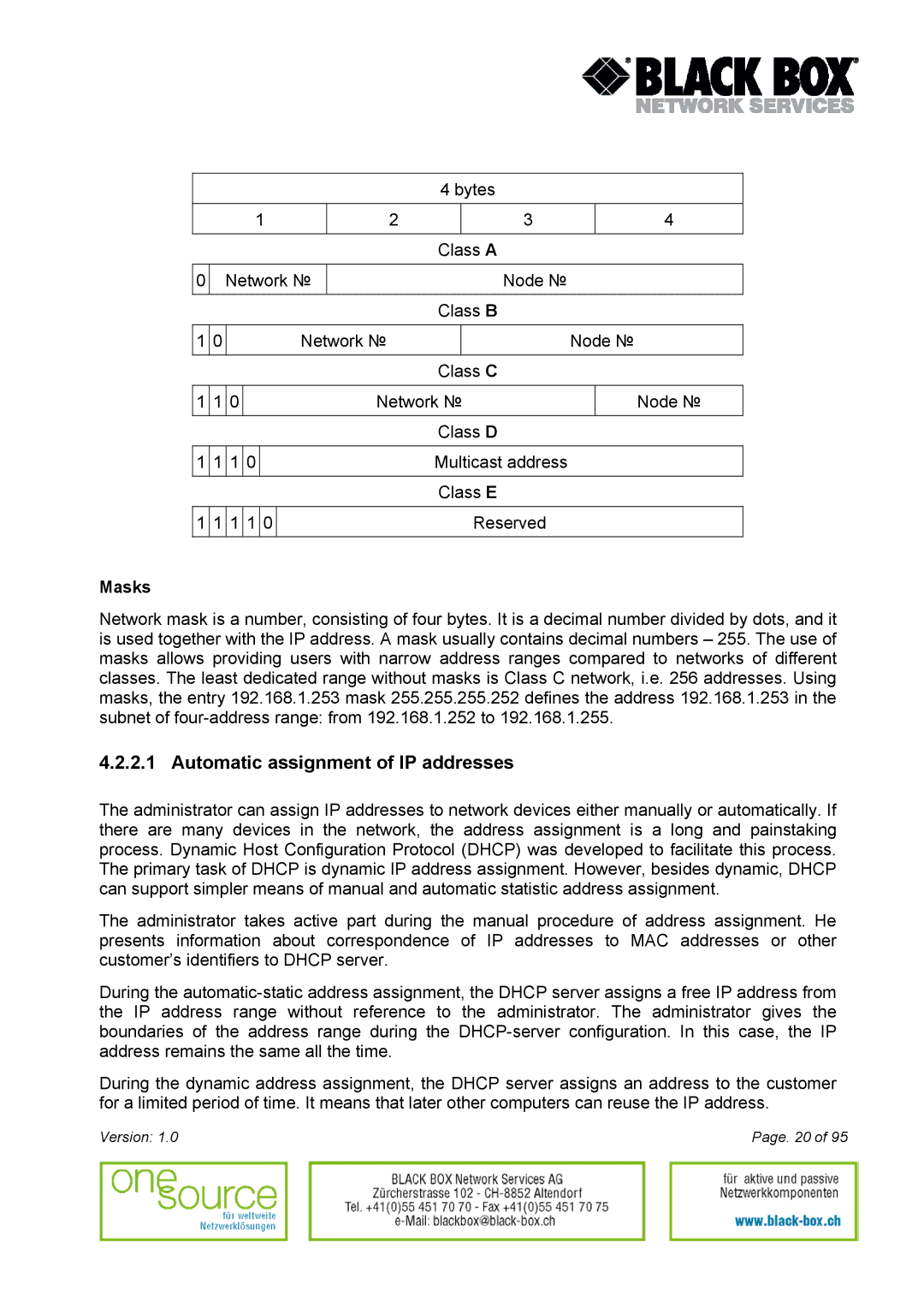 Black Box Version 1.0 user manual Automatic assignment of IP addresses, Masks 