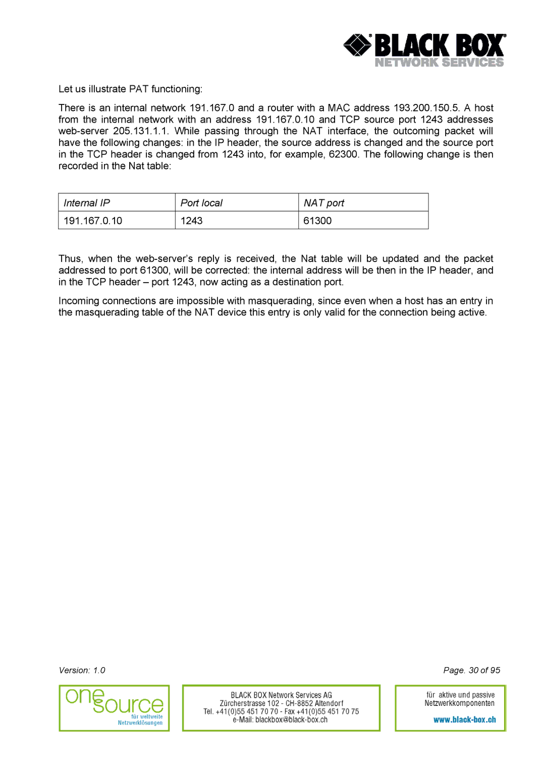 Black Box Version 1.0 user manual Internal IP Port local NAT port 191.167.0.10 1243 61300 