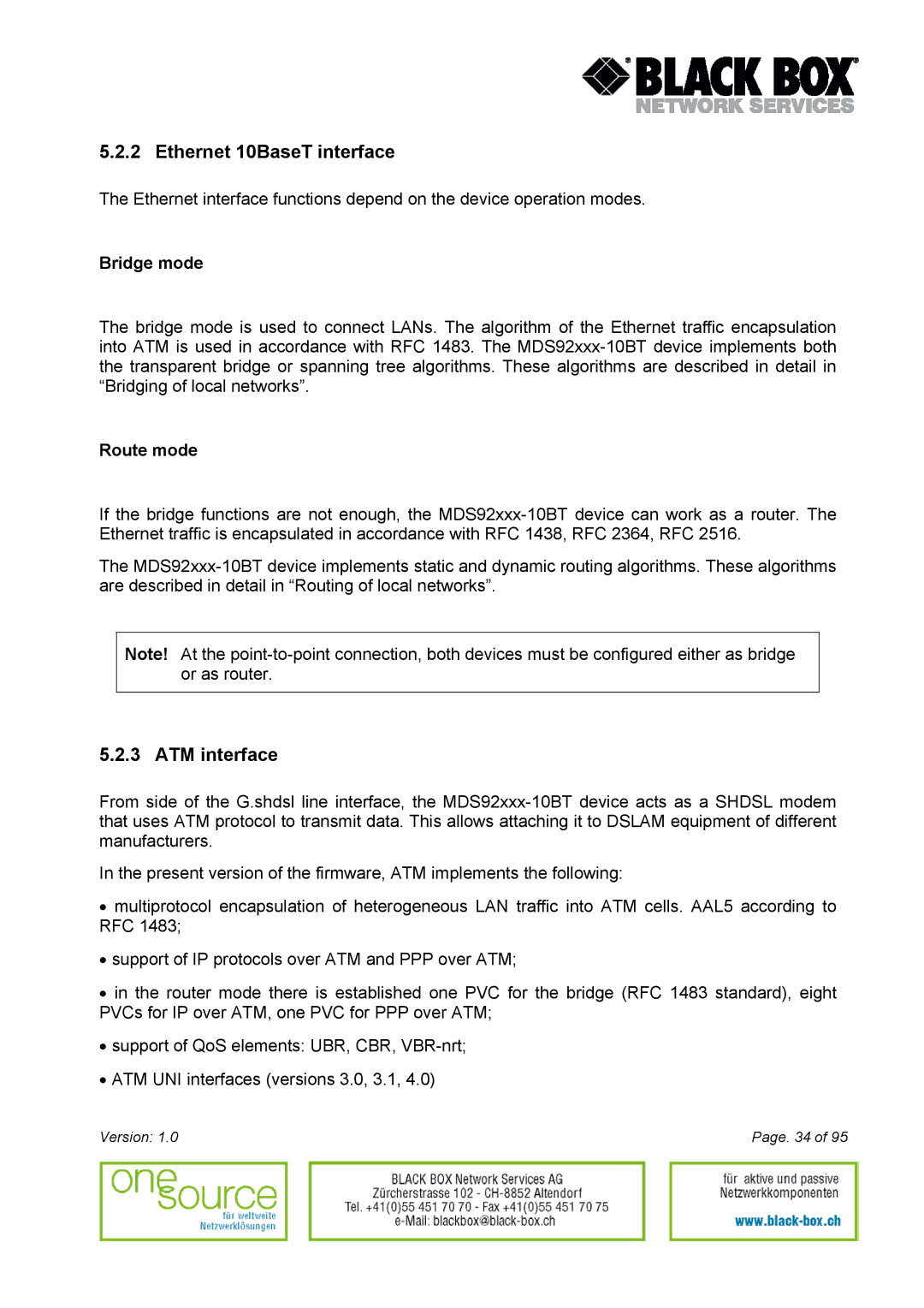 Black Box Version 1.0 user manual Ethernet 10BaseT interface, ATM interface, Bridge mode, Route mode 