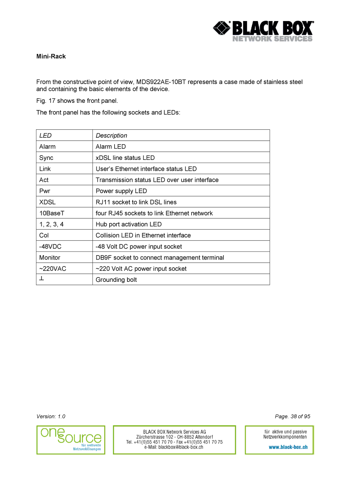 Black Box Version 1.0 user manual Mini-Rack, Xdsl 