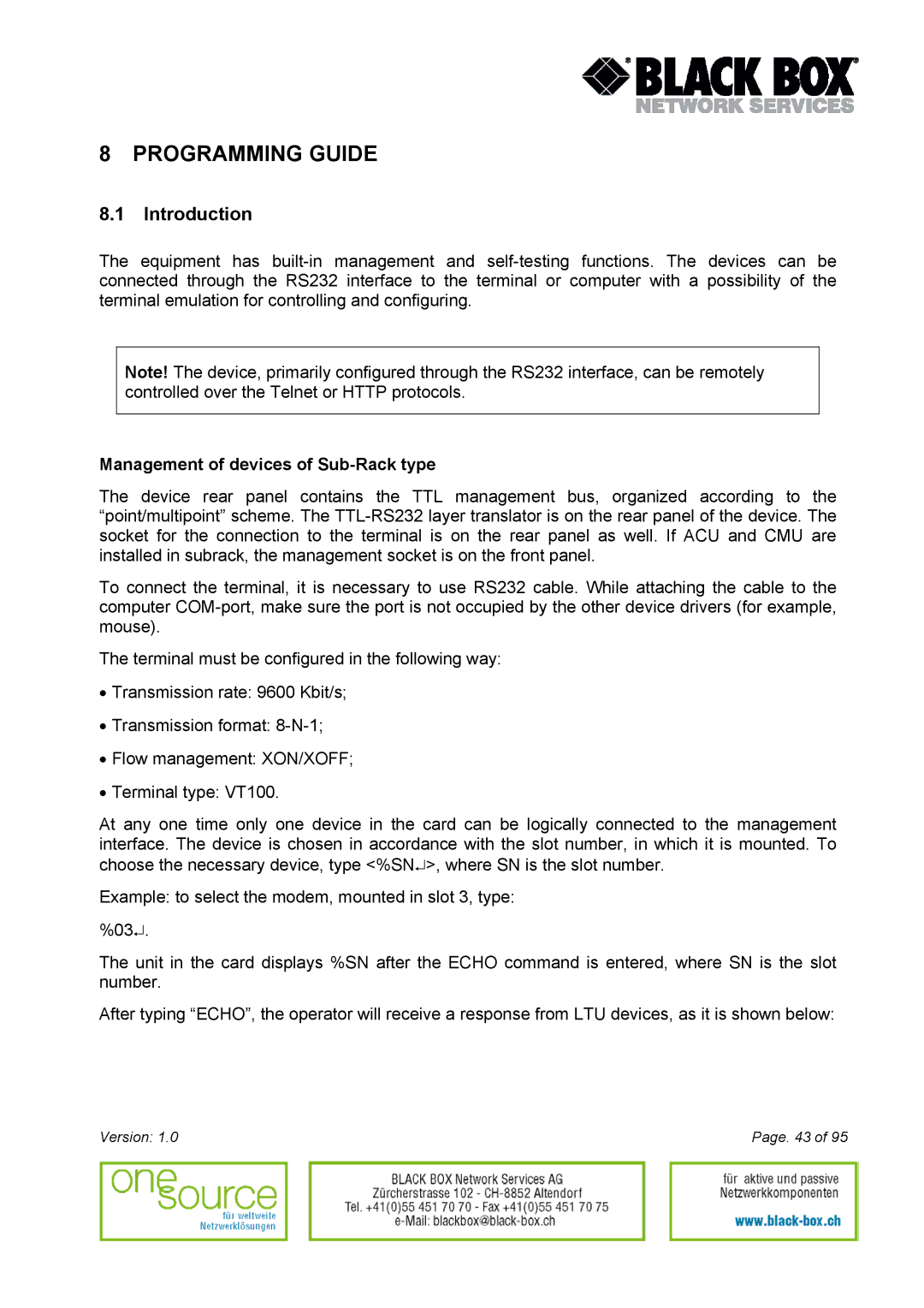 Black Box Version 1.0 user manual Programming Guide, Introduction, Management of devices of Sub-Rack type 