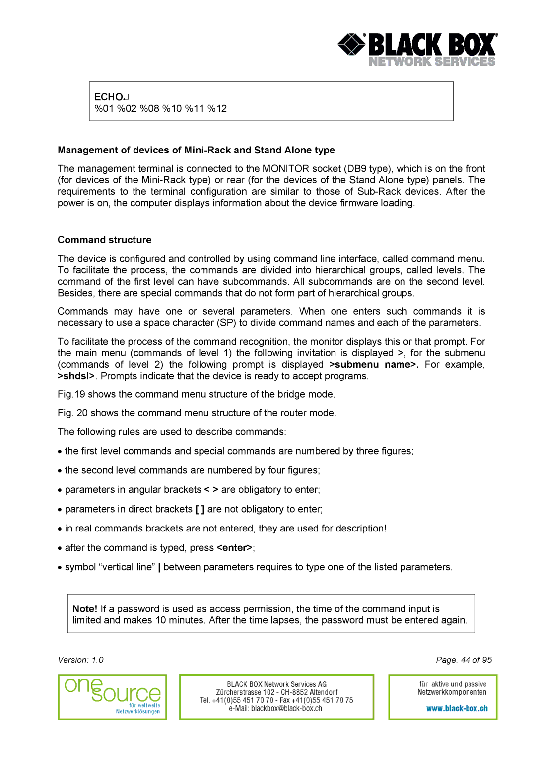 Black Box Version 1.0 user manual Management of devices of Mini-Rack and Stand Alone type, Command structure 