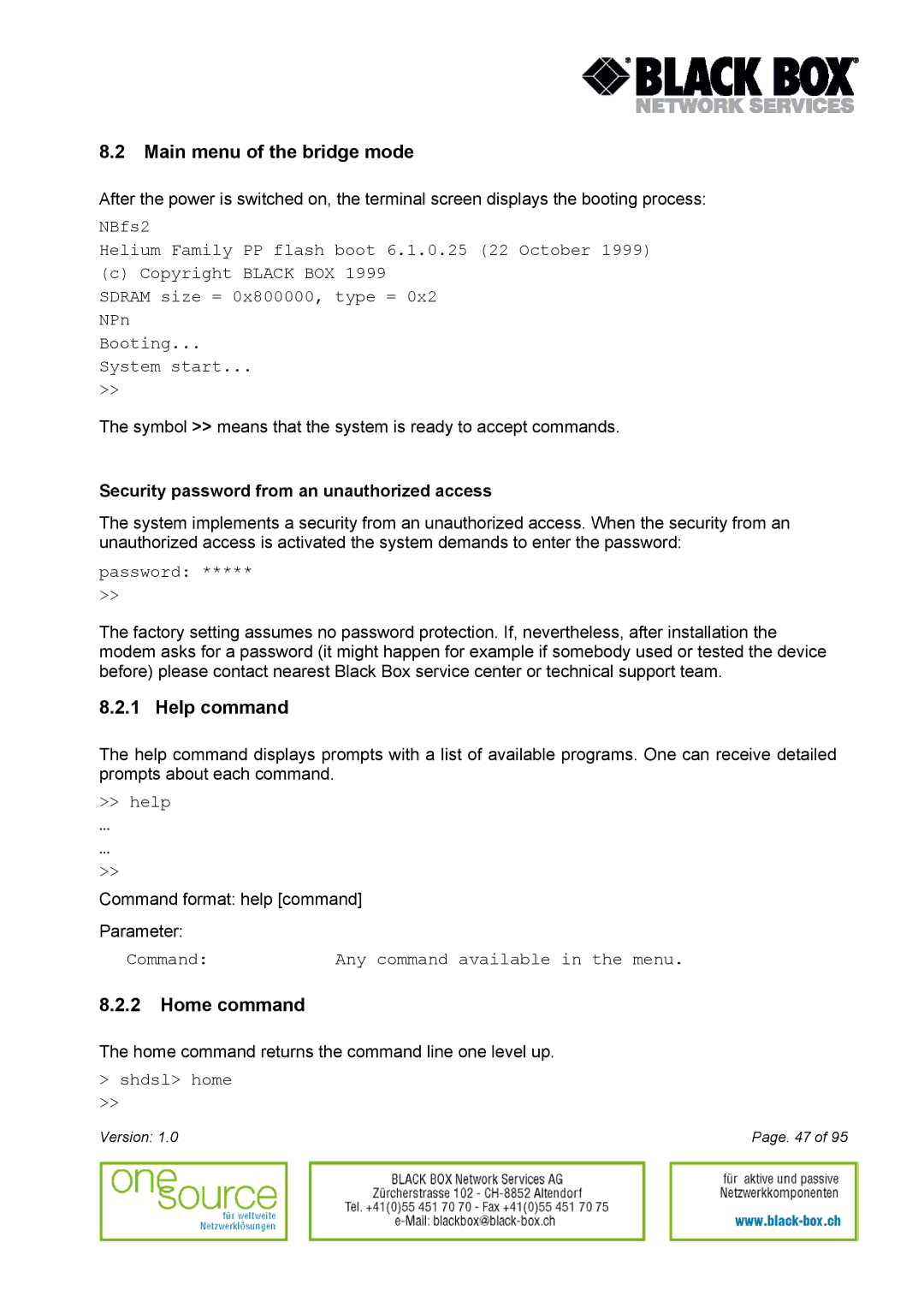 Black Box Version 1.0 user manual Main menu of the bridge mode, Help command, Home command 