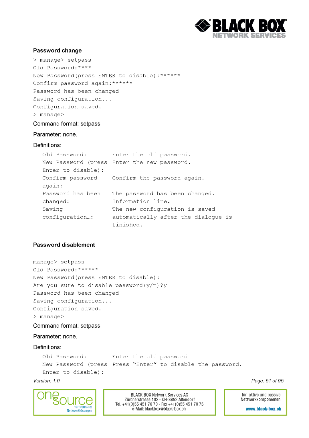Black Box Version 1.0 user manual Password change, Password disablement 