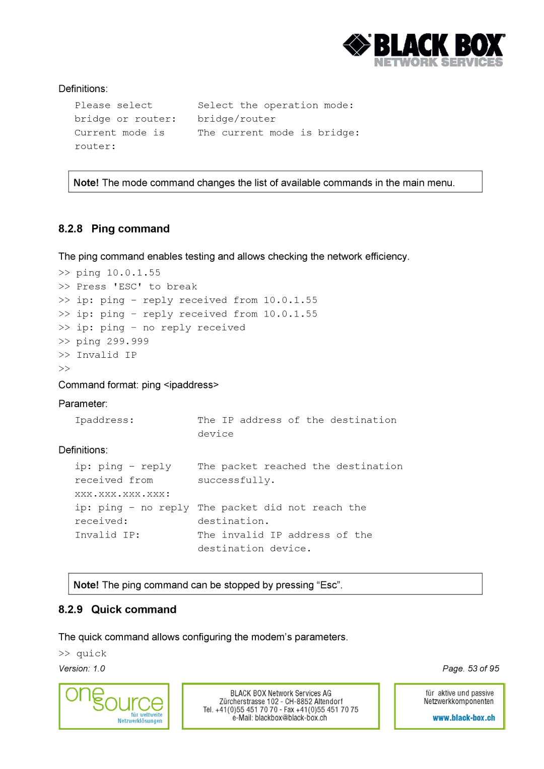 Black Box Version 1.0 user manual Ping command, Quick command 