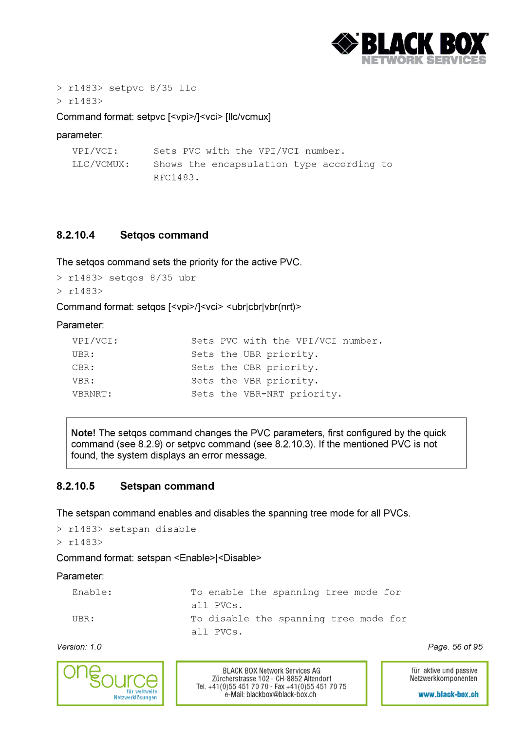 Black Box Version 1.0 user manual Setqos command, Setspan command 