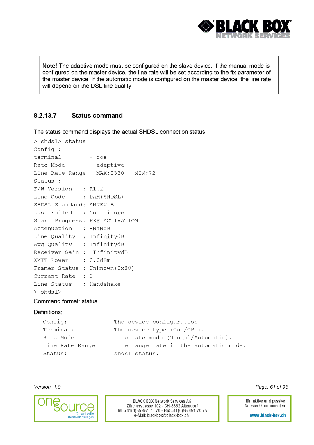 Black Box Version 1.0 user manual Status command, PRE Activation 