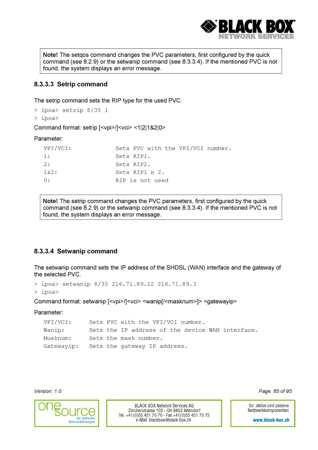 Black Box Version 1.0 user manual Setrip command, Setwanip command 