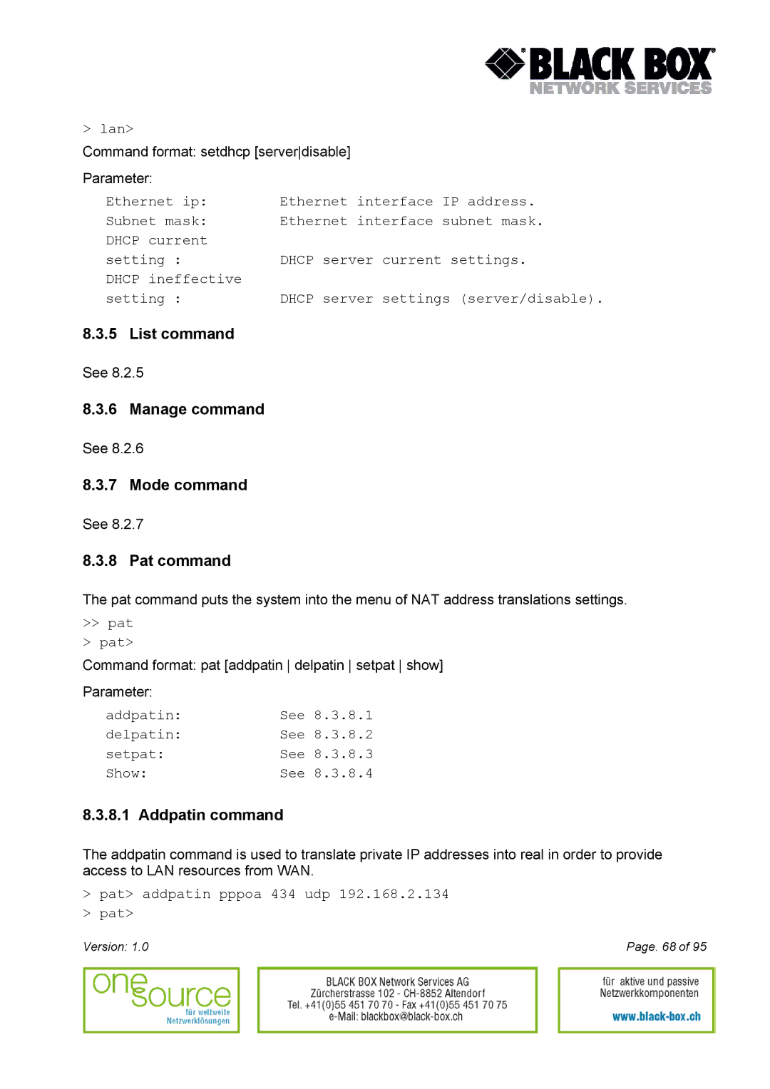 Black Box Version 1.0 user manual Pat command, Addpatin command 