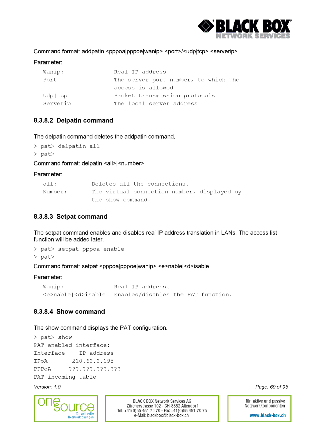 Black Box Version 1.0 user manual Delpatin command, Setpat command 