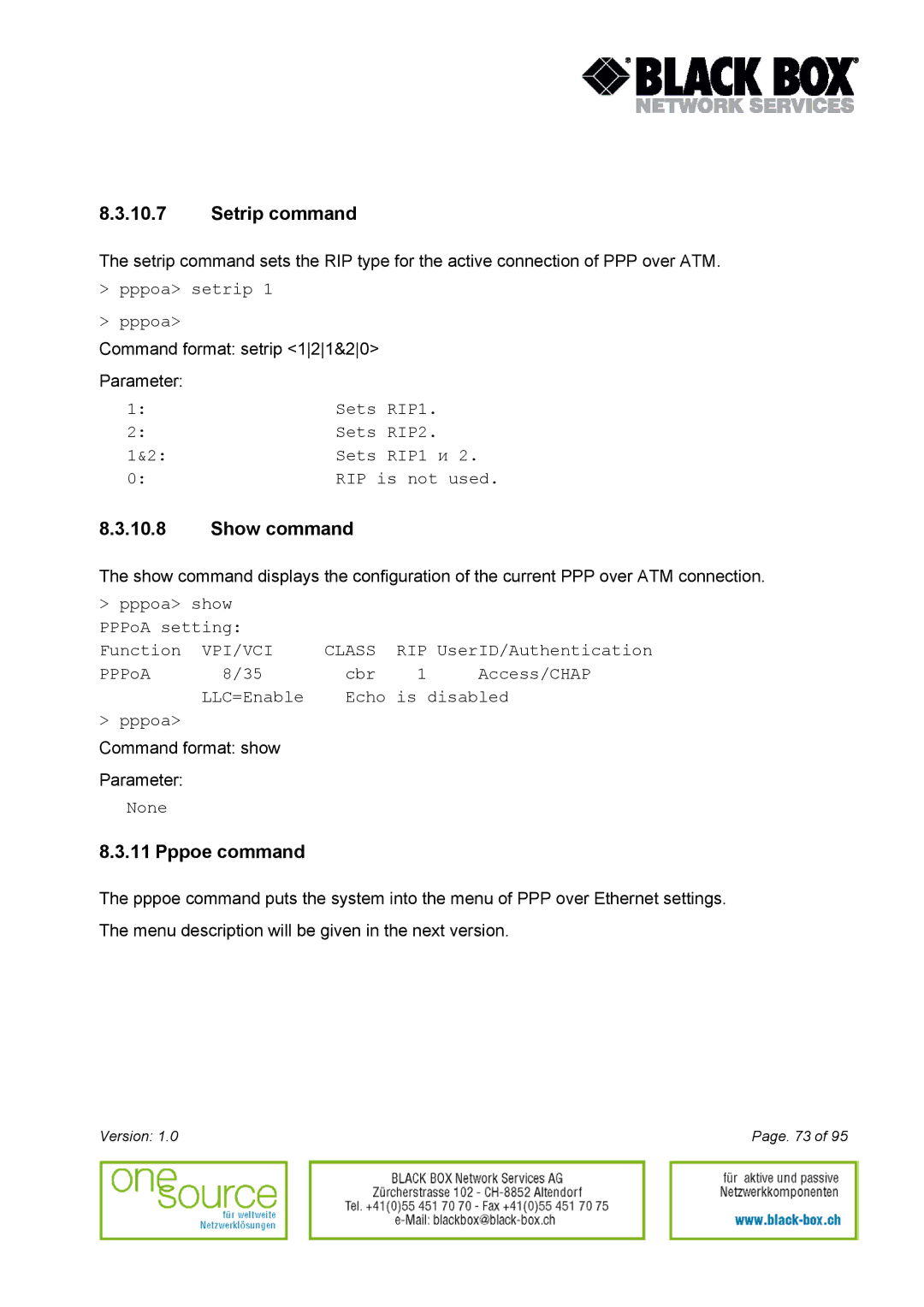 Black Box Version 1.0 user manual Setrip command, Pppoe command 