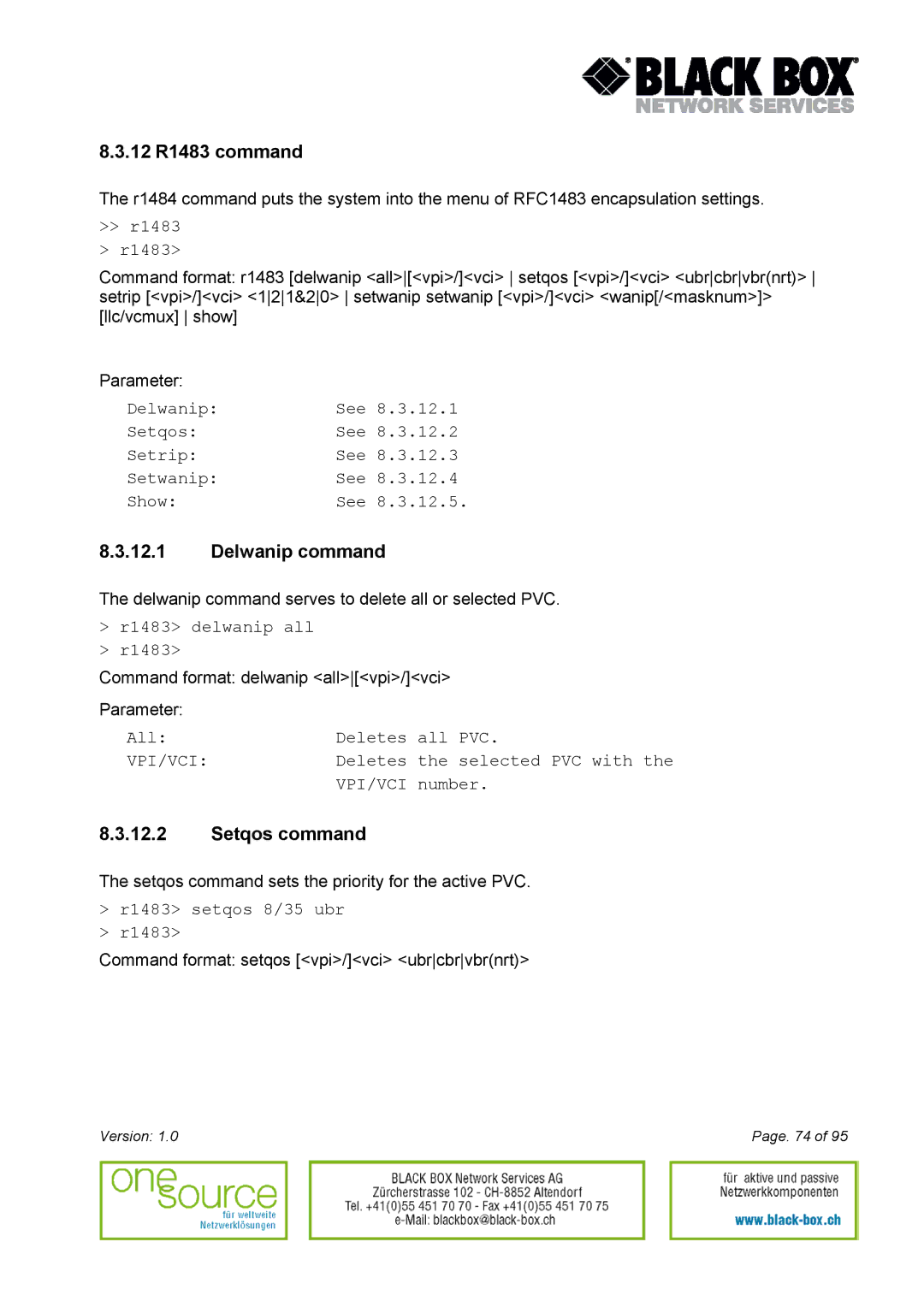 Black Box Version 1.0 user manual 12 R1483 command, Delwanip command 