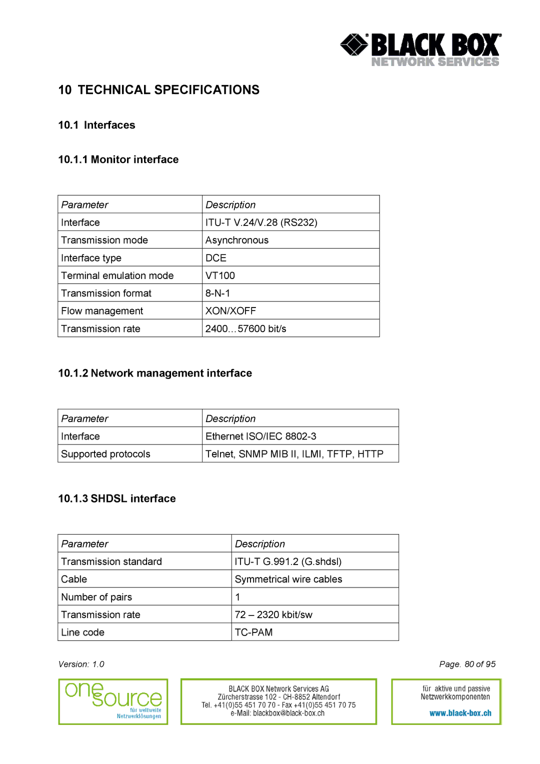 Black Box Version 1.0 user manual Technical Specifications, Interfaces Monitor interface, Network management interface 