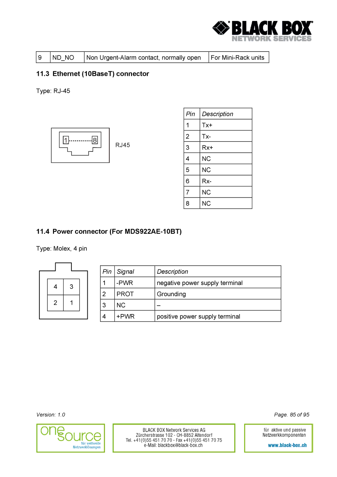 Black Box Version 1.0 user manual Ethernet 10BaseT connector, Power connector For MDS922AE-10BT 