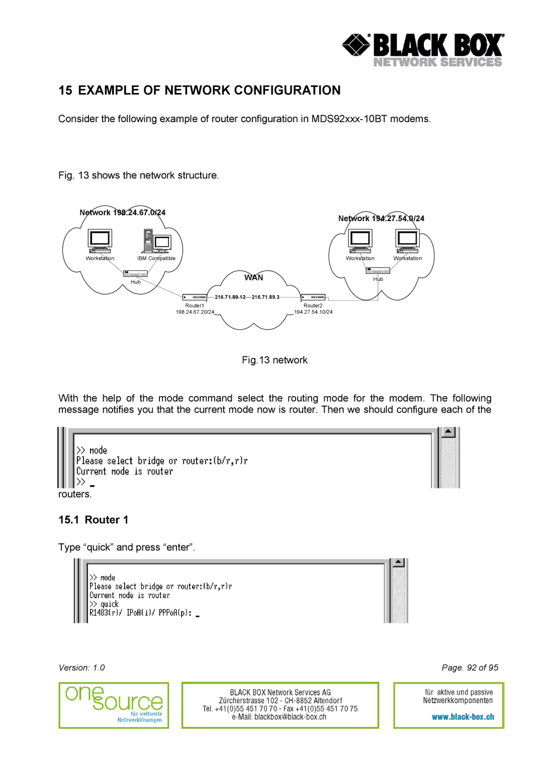 Black Box Version 1.0 user manual Example of Network Configuration, Router 