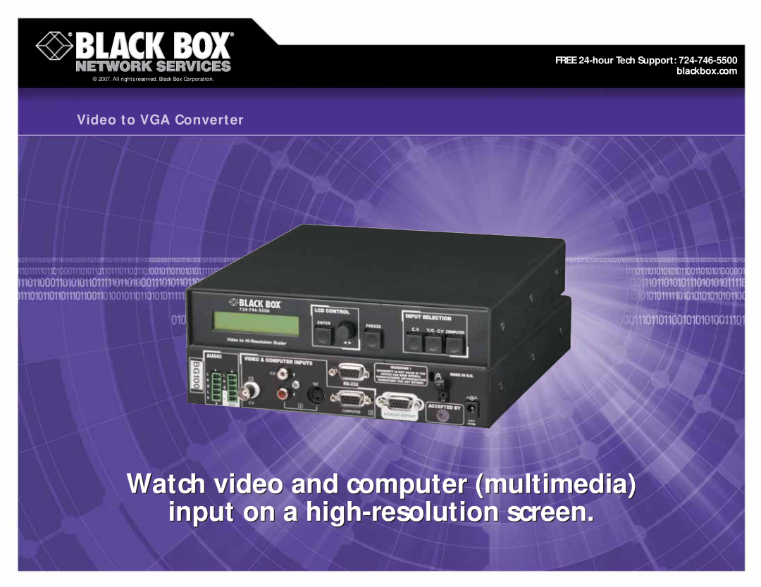 Black Box VGA Converter manual FREE 24-hour Tech Support 724-746-5500 blackbox.com, Watch video and computer multimediadia 