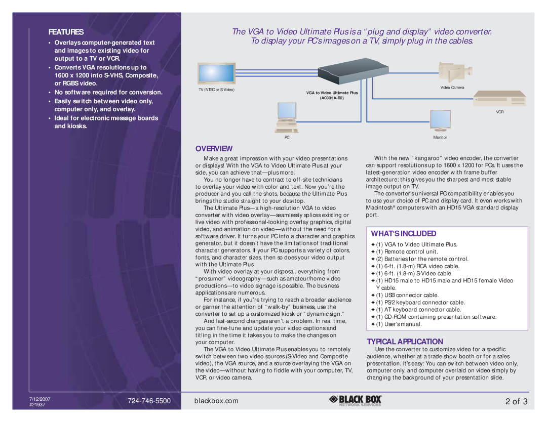 Black Box VGA to Video Ultimate Plus manual Features, Overview, WHAT‘S Included, Typical Application 