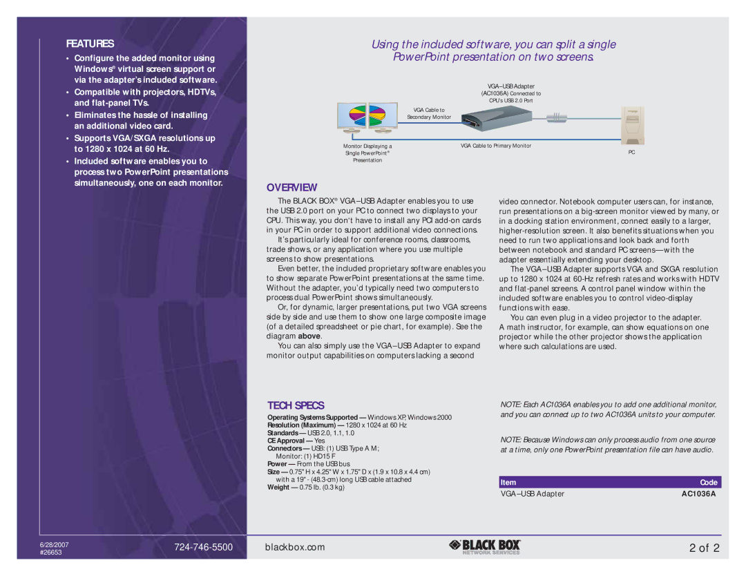 Black Box VGA-USB Adapter manual Features, Overview, Tech Specs, Connectors USB 1 USB Type a M Monitor 1 HD15 F 