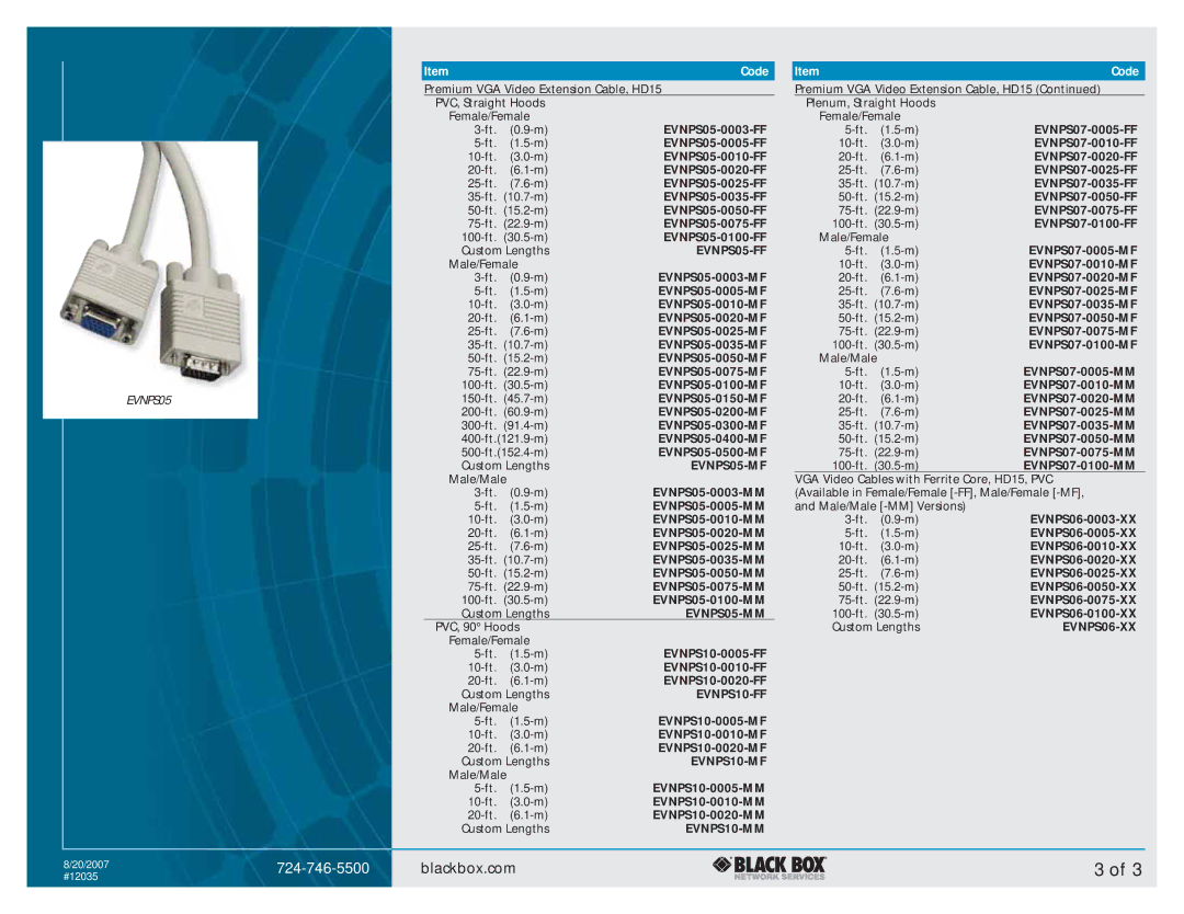 Black Box VGA Video Cable manual EVNPS05-FF, EVNPS05-MF, EVNPS05-MM, EVNPS10-FF, EVNPS10-MF, EVNPS10-MM, EVNPS06-XX 