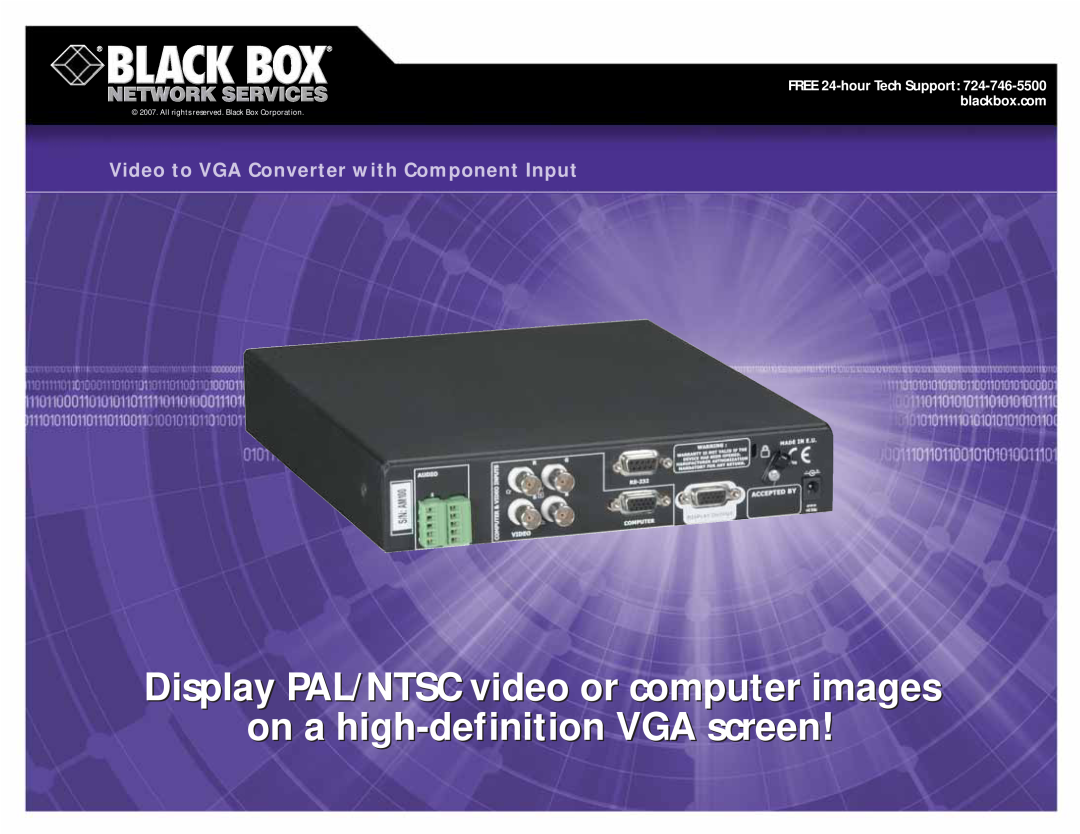 Black Box Video to VGA Converter manual Display PAL/NTSC video or computer imagesages, on a high-definitionVGA screen 