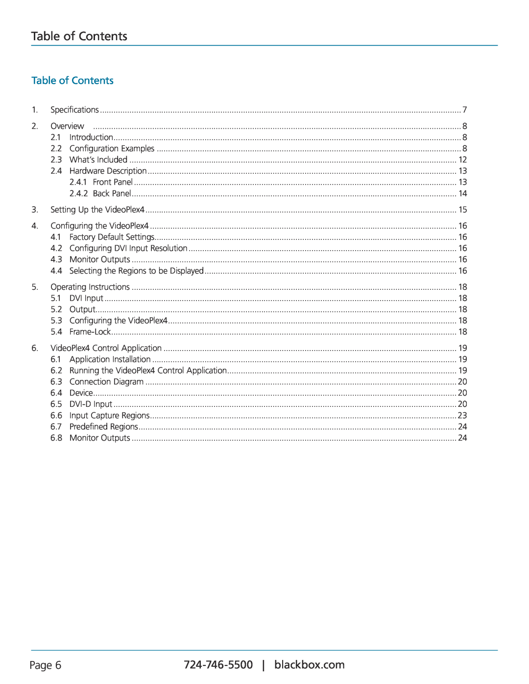 Black Box VSC-VPLEX4, VideoPlex4 Video Wall Controller manual Table of Contents, Page 