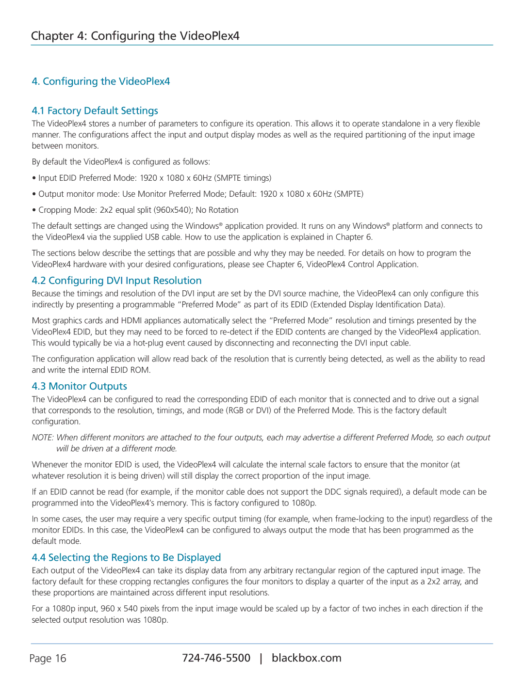 Black Box VSC-VPLEX4 manual Configuring the VideoPlex4 Factory Default Settings, Configuring DVI Input Resolution 