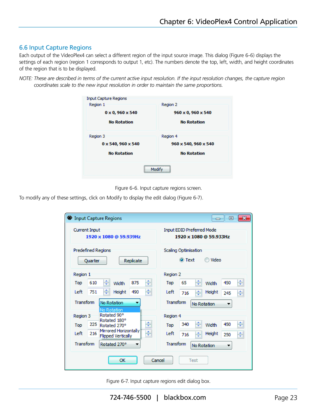 Black Box VideoPlex4 Video Wall Controller, VSC-VPLEX4 manual Input Capture Regions, Input capture regions edit dialog box 