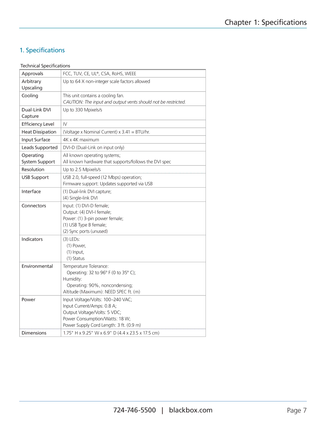 Black Box VideoPlex4 Video Wall Controller, VSC-VPLEX4 manual Specifications 