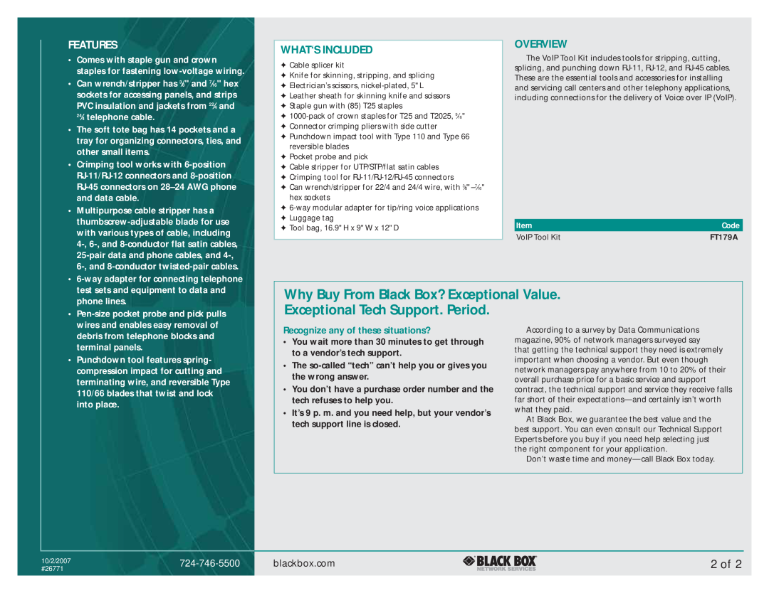 Black Box VoIP Tool Kit manual 2 of, Features, What‘S Included, Overview, Recognize any of these situations?, 724-746-5500 