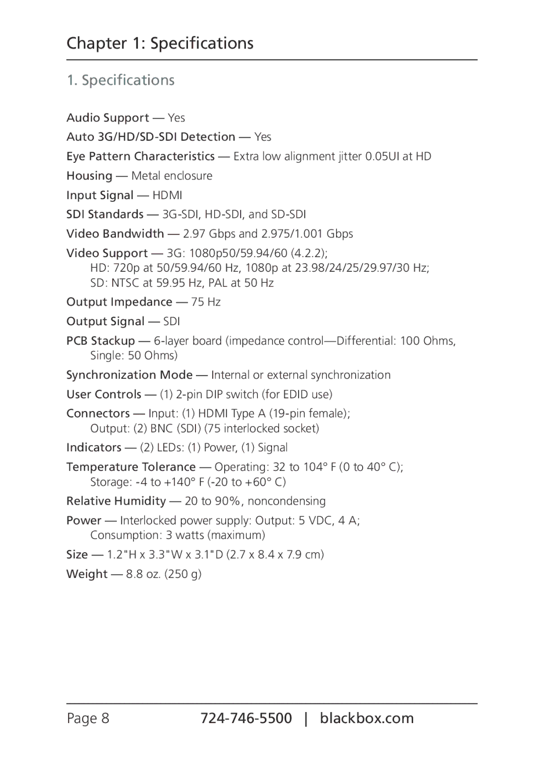 Black Box VSC-HDMI-SDI, HDMI to 3G/HD/SD-SDI Converter manual Specifications 