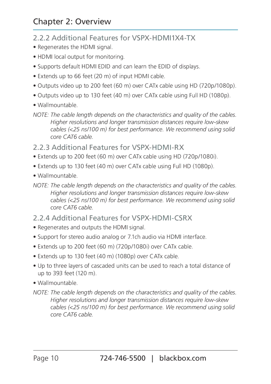 Black Box VSPX-HDMI-CSRX manual Additional Features for VSPX-HDMI1X4-TX, Additional Features for VSPX-HDMI-RX 