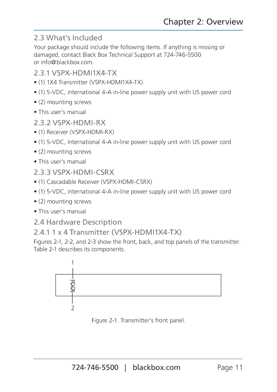 Black Box MediaCento HX Transmitter and Receivers, VSPX-HDMI-CSRX, VSPX-HDMI-RX, VSPX-HDMI1X4-TX manual What’s Included 