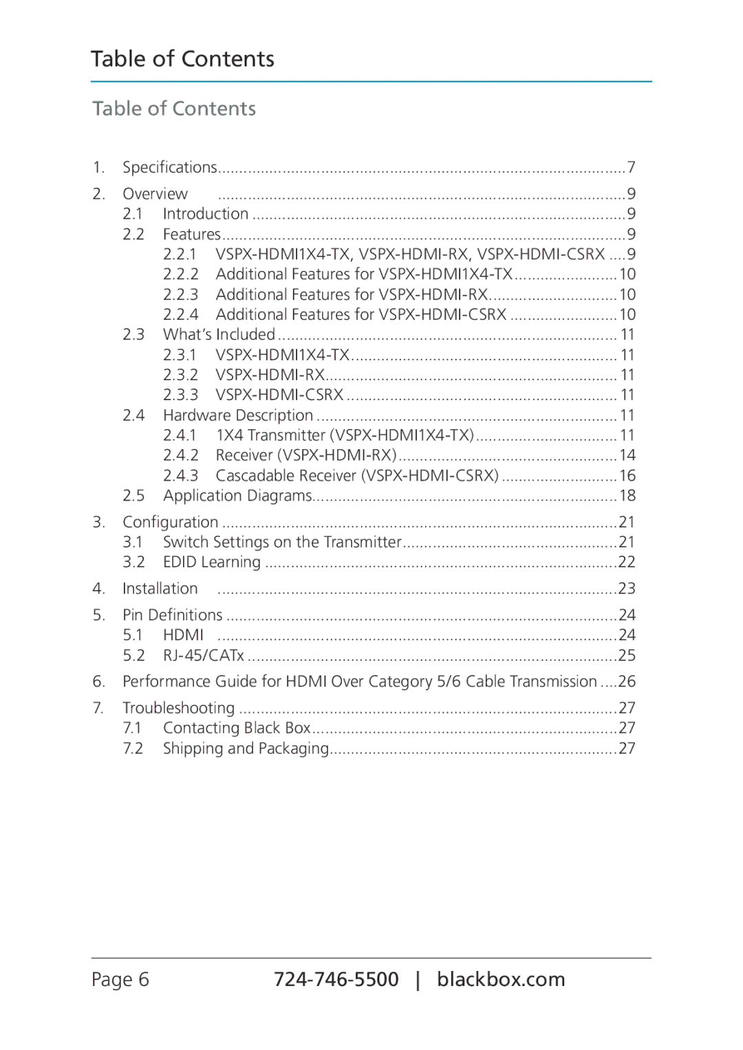 Black Box VSPX-HDMI1X4-TX, VSPX-HDMI-CSRX, VSPX-HDMI-RX, MediaCento HX Transmitter and Receivers manual Table of Contents 