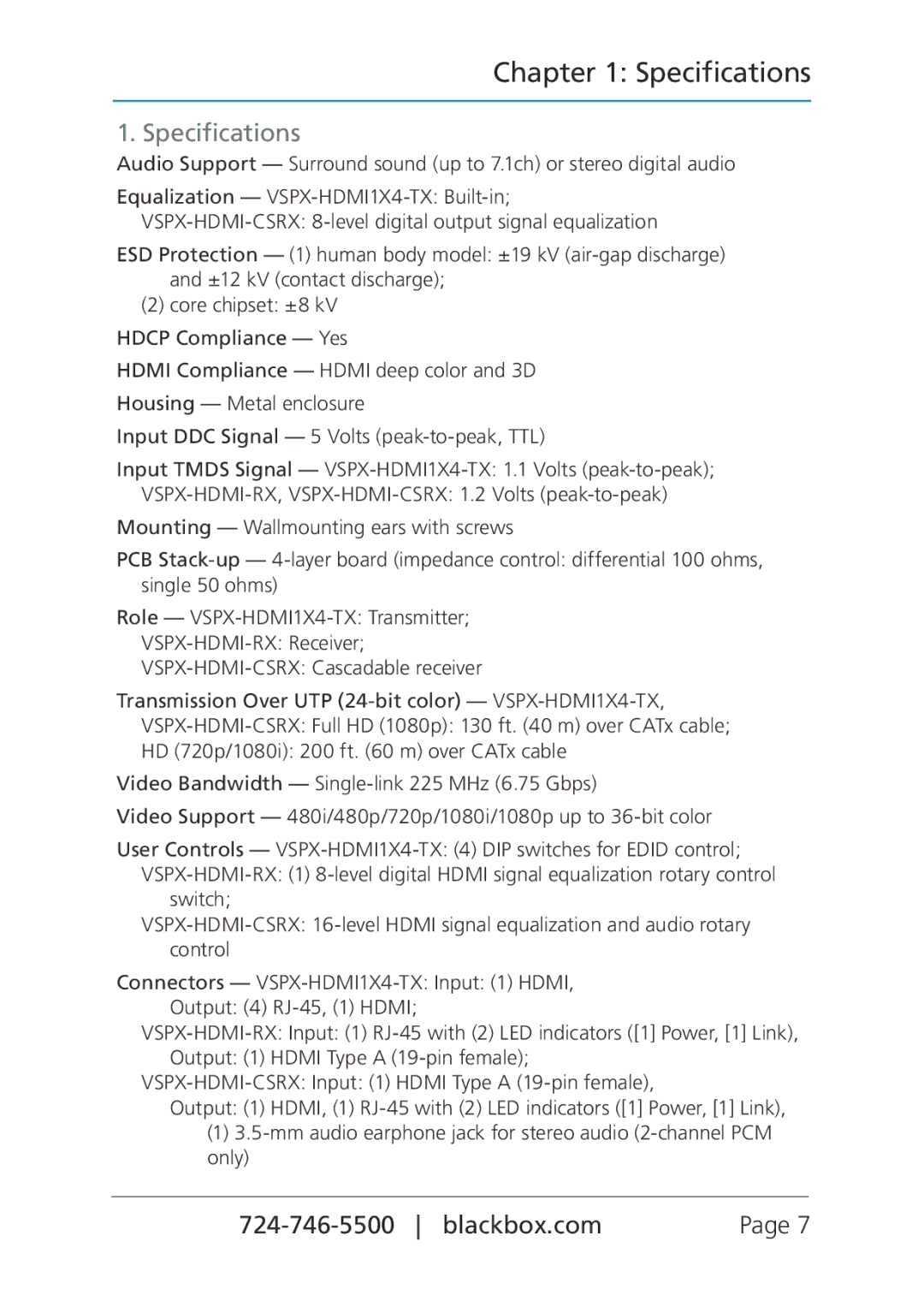 Black Box MediaCento HX Transmitter and Receivers, VSPX-HDMI-CSRX, VSPX-HDMI-RX, VSPX-HDMI1X4-TX manual Specifications 