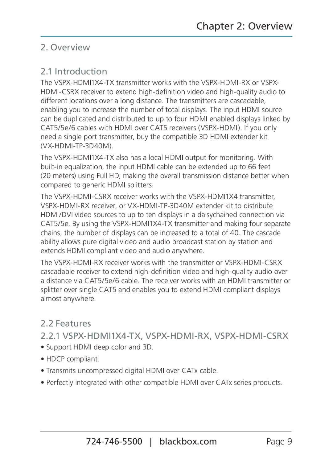 Black Box VSPX-HDMI-RX, VSPX-HDMI-CSRX, VSPX-HDMI1X4-TX manual Overview Introduction, Features 