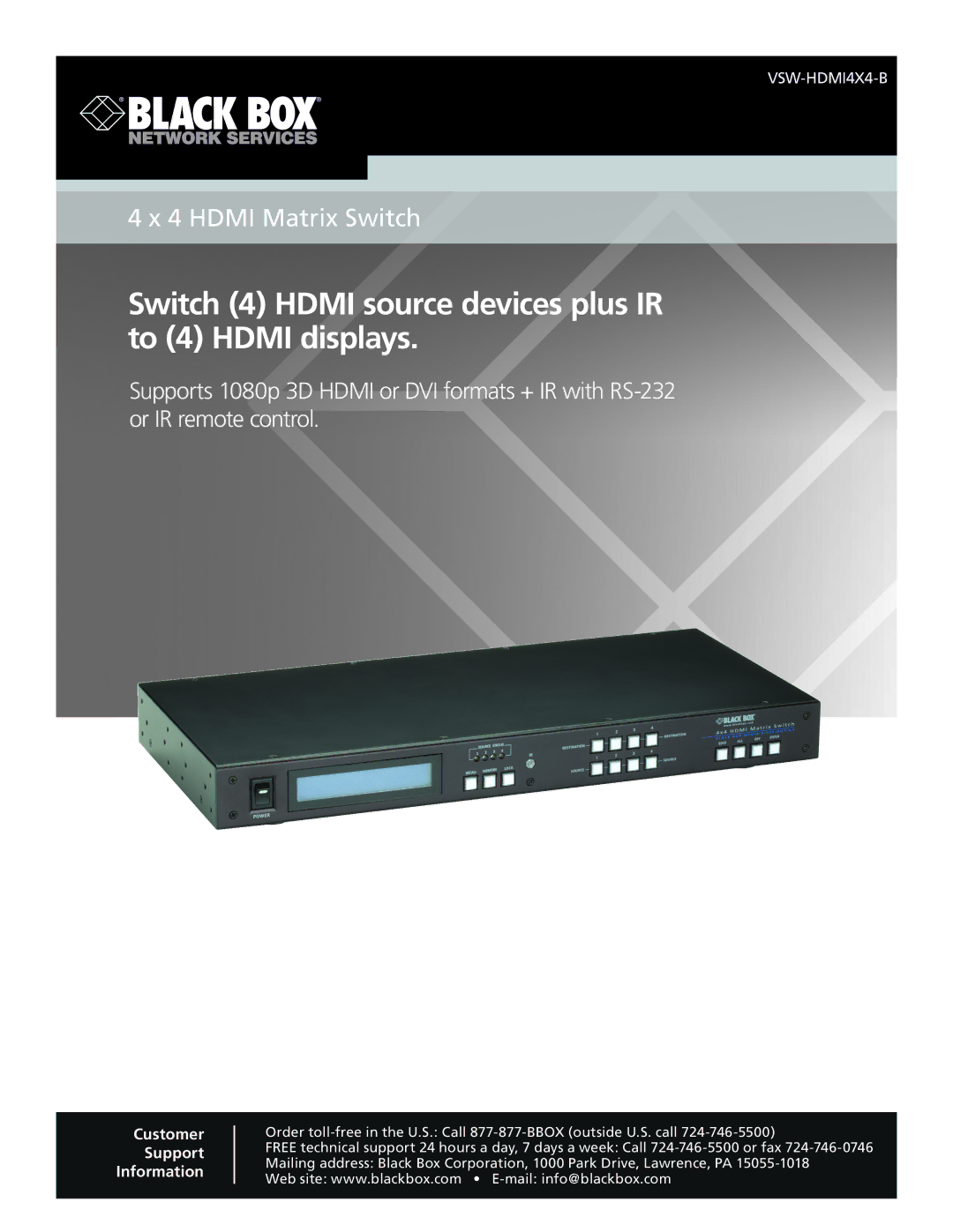Black Box 4 x 4 HDMI Matrix Switch, VSW-HDMI4X4-B manual Switch 4 Hdmi source devices plus IR to 4 Hdmi displays 
