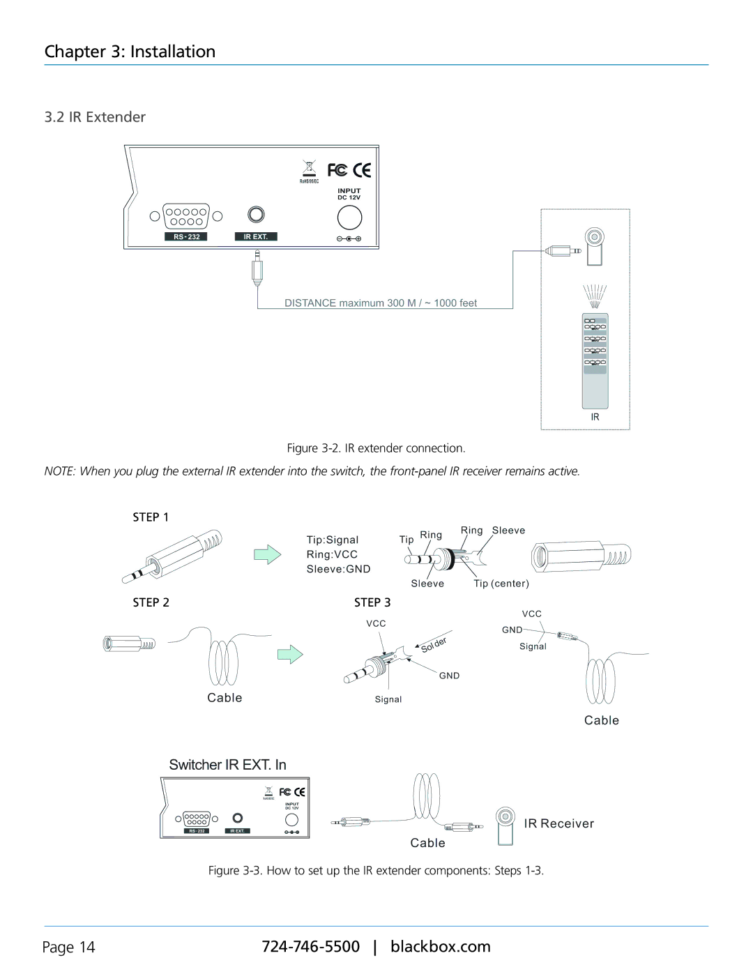 Black Box VSW-HDMI4X4-B, 4 x 4 HDMI Matrix Switch IR extender connection, How to set up the IR extender components Steps 