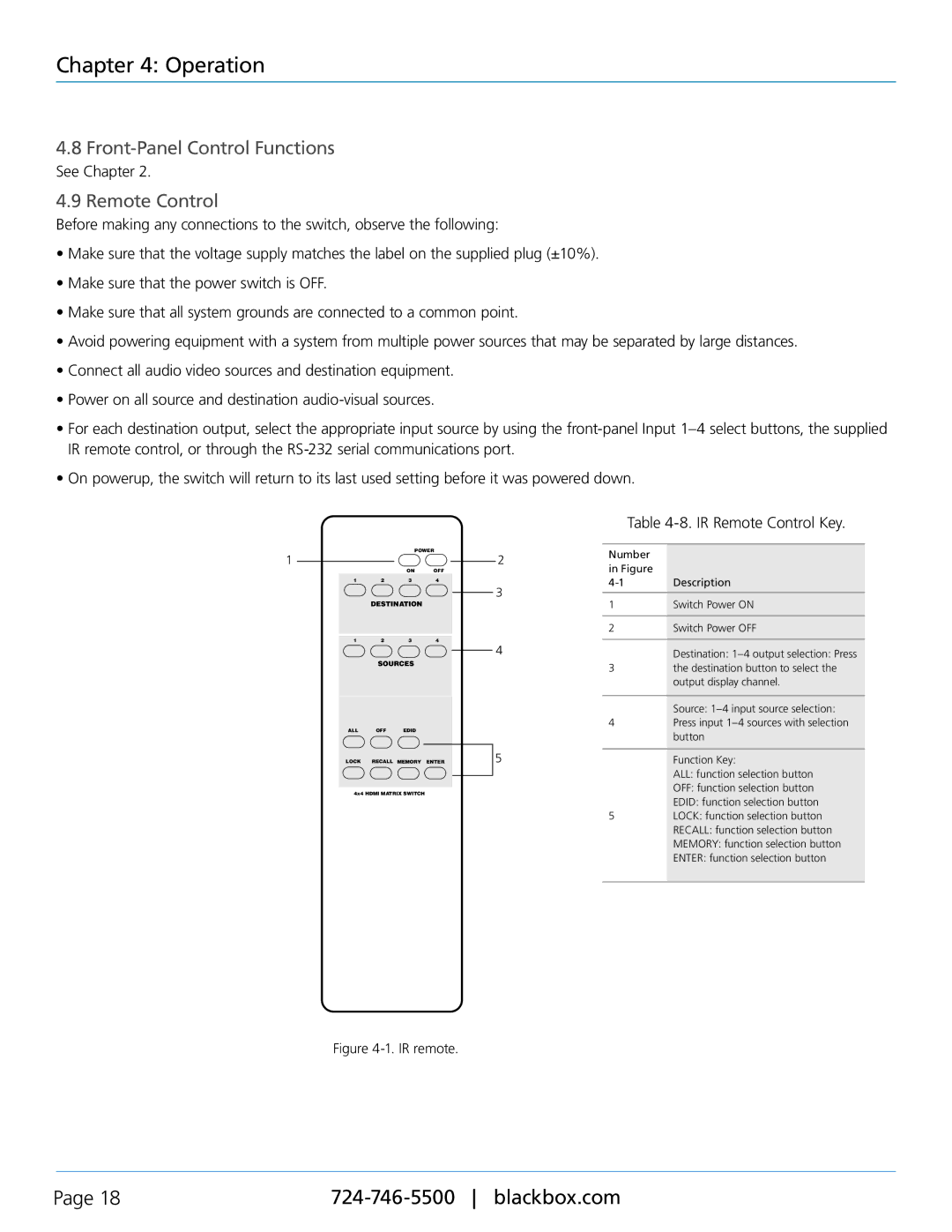 Black Box VSW-HDMI4X4-B, 4 x 4 HDMI Matrix Switch Front-Panel Control Functions, See Chapter, IR Remote Control Key 