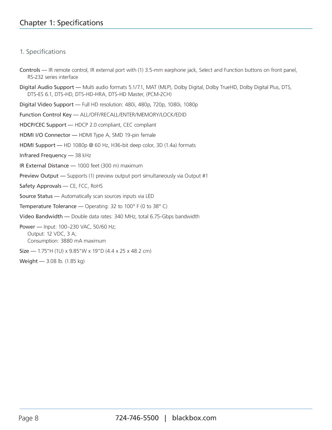 Black Box VSW-HDMI4X4-B, 4 x 4 HDMI Matrix Switch manual Specifications 