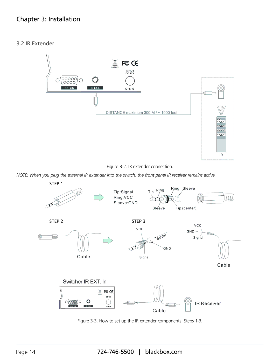 Black Box VSW-HDMI8X8-B, 8 x 8 HDMI Matrix Switch IR extender connection, How to set up the IR extender components Steps 