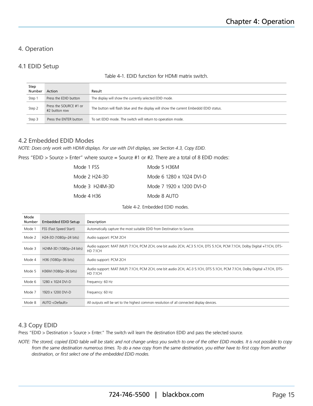 Black Box 8 x 8 HDMI Matrix Switch, VSW-HDMI8X8-B manual Operation 4.1 Edid Setup, Embedded Edid Modes, Copy Edid 