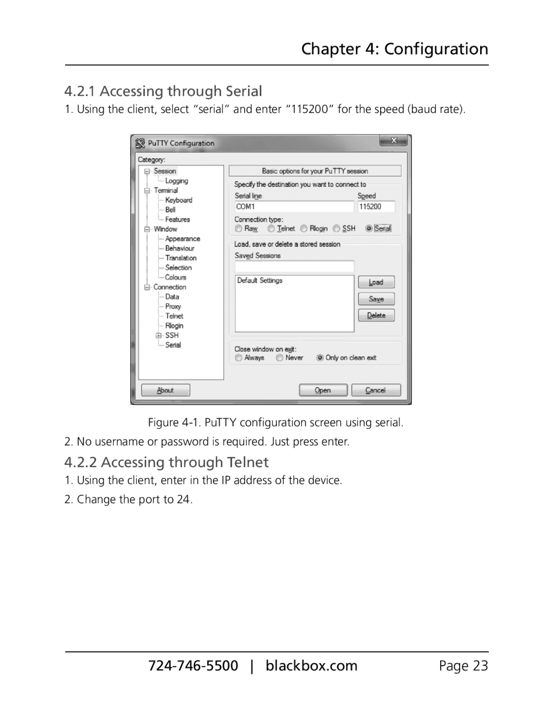 Black Box VX-HDMI-POE-VRX, VX-HDMI-POE-MTX, VX-HDMI-POE-MRX manual Accessing through Serial, Accessing through Telnet 