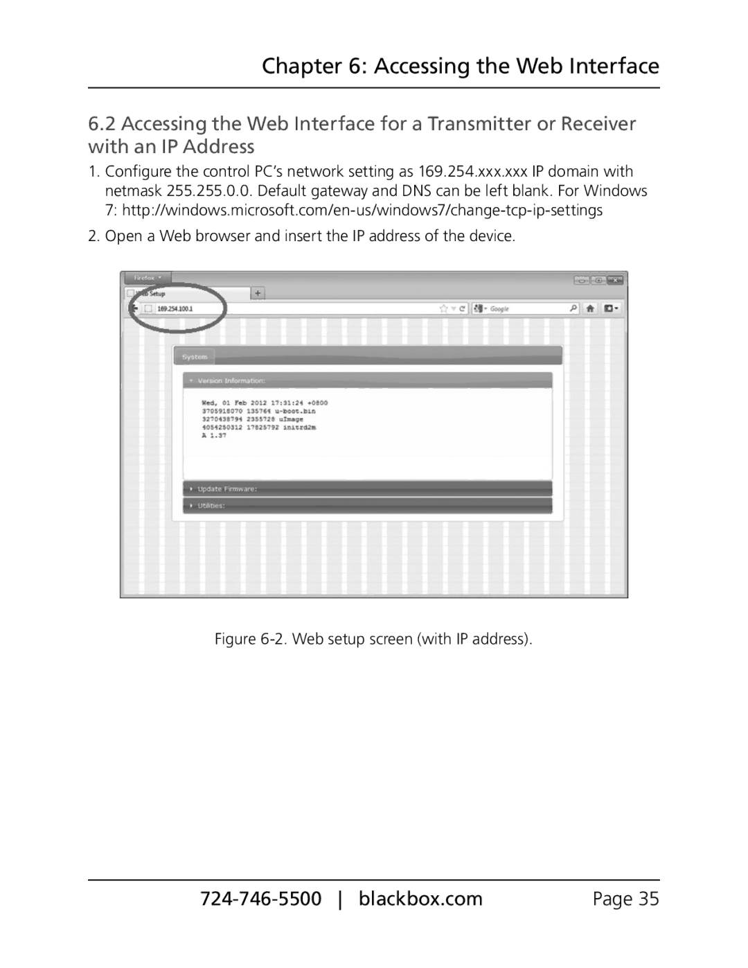 Black Box VX-HDMI-POE-MTX, VX-HDMI-POE-MRX, VX-HDMI-POE-VRX, VX-HDMI-POE-VTX manual Web setup screen with IP address 