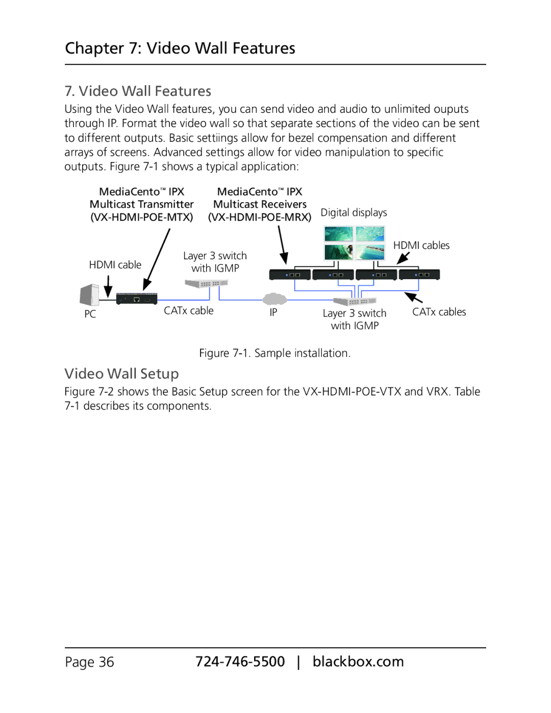 Black Box VX-HDMI-POE-MRX, VX-HDMI-POE-MTX, VX-HDMI-POE-VRX, VX-HDMI-POE-VTX manual Video Wall Features, Video Wall Setup 